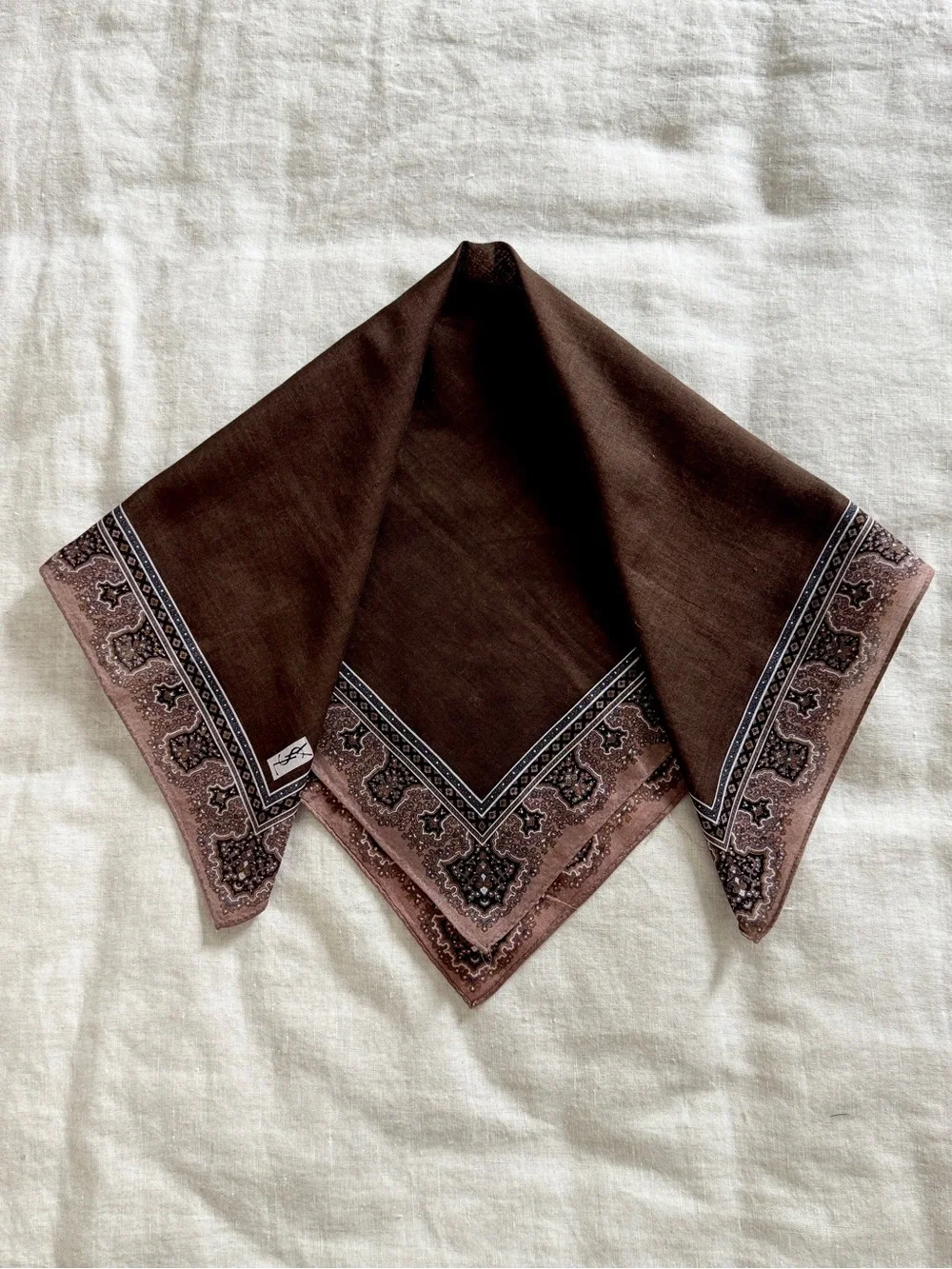 Vintage YSL Brown Paisley Cotton Head Scarf Bandana Made in Japan - Picture 5 of 6